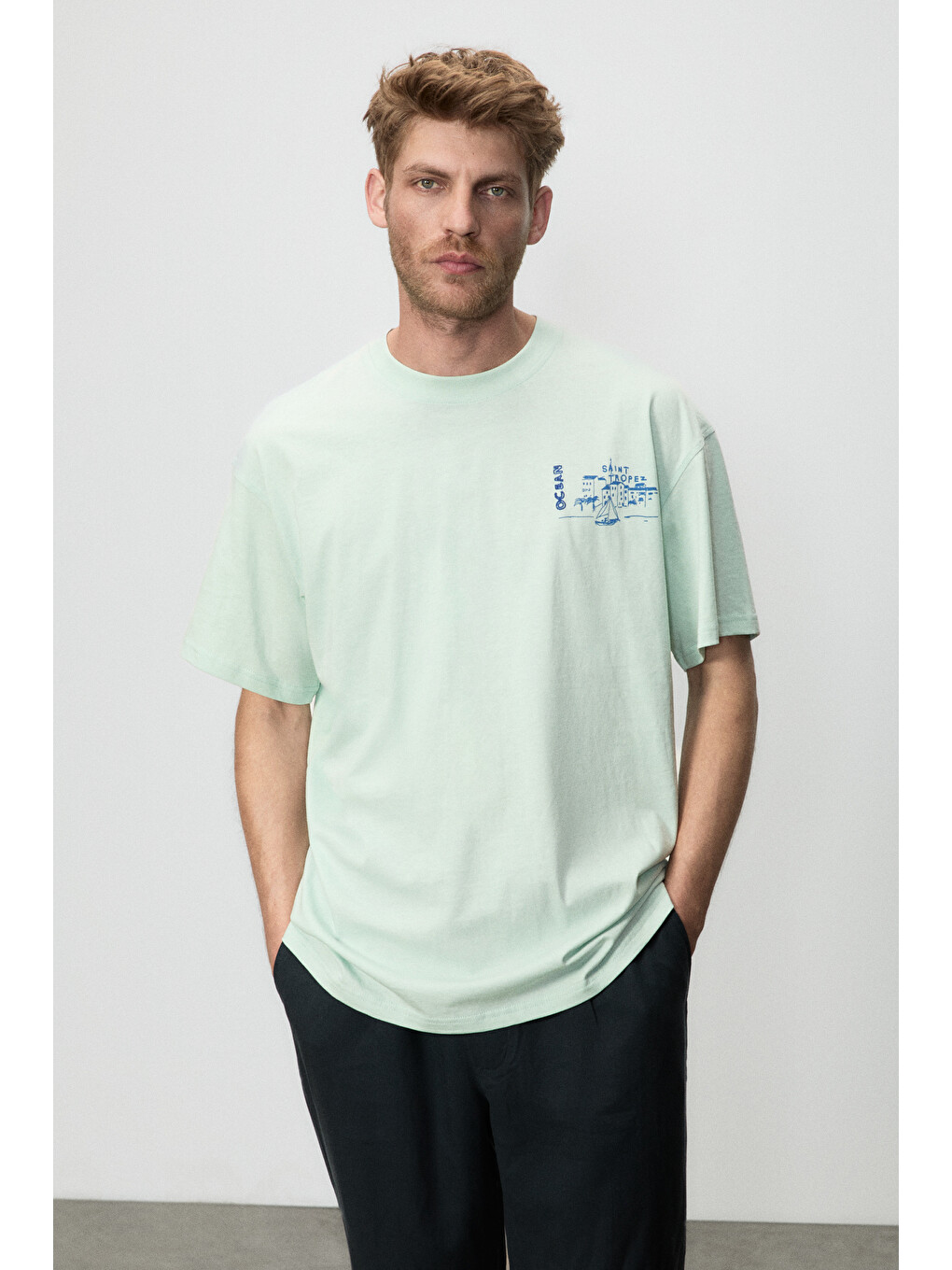 Alonzo Erkek Oversize Fit %100 Pamuk Nakışlı Ve Baskılı Mint Yeşil T-shirt-2