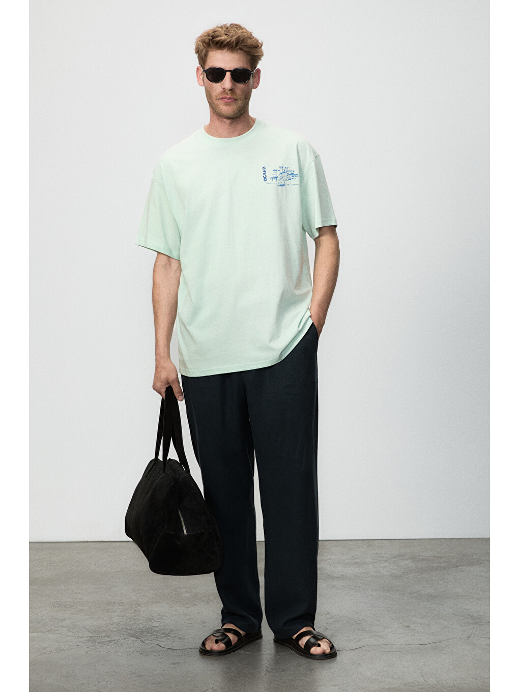 Alonzo Erkek Oversize Fit %100 Pamuk Nakışlı Ve Baskılı Mint Yeşil T-shirt-3