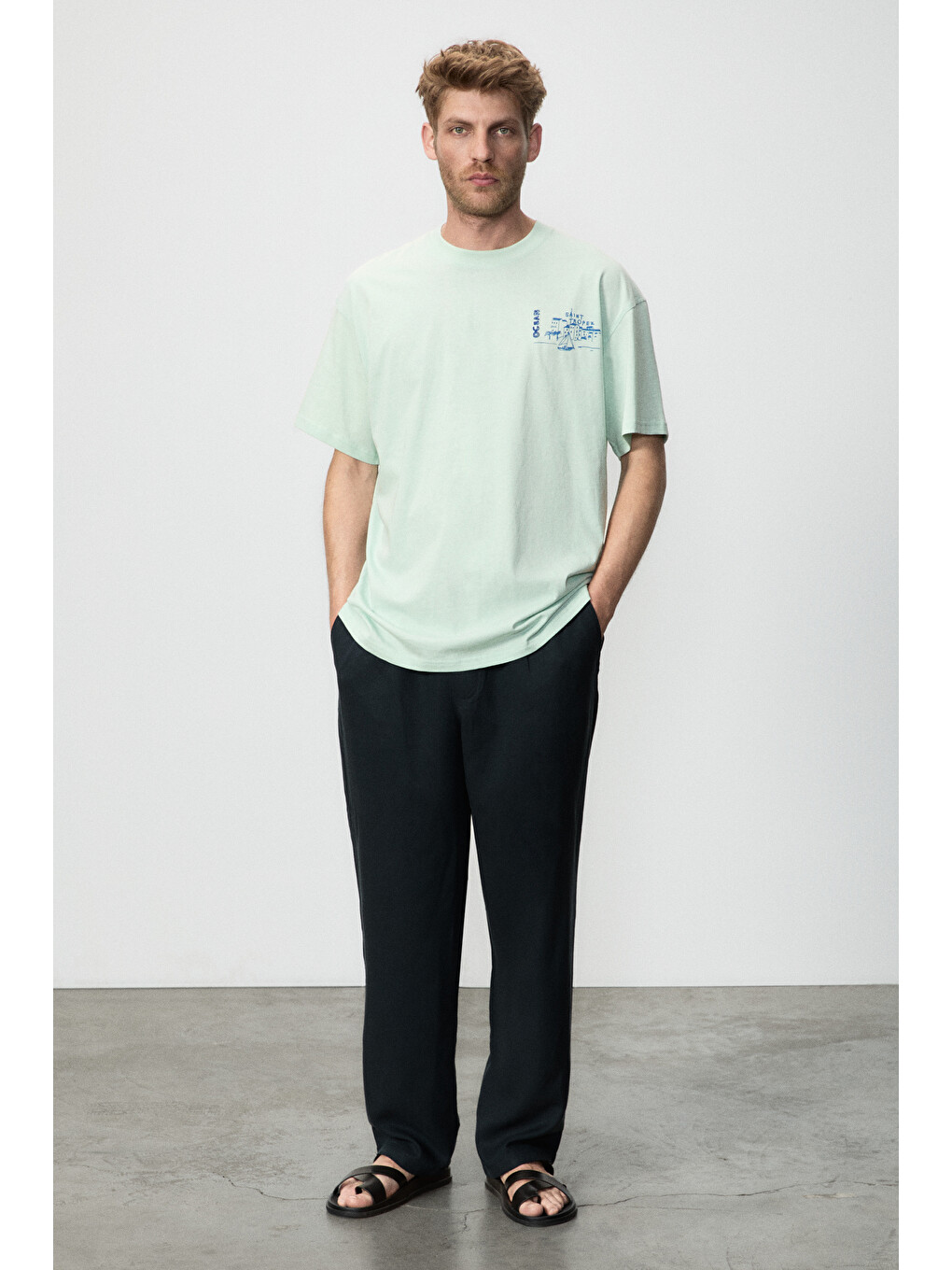 Alonzo Erkek Oversize Fit %100 Pamuk Nakışlı Ve Baskılı Mint Yeşil T-shirt-4