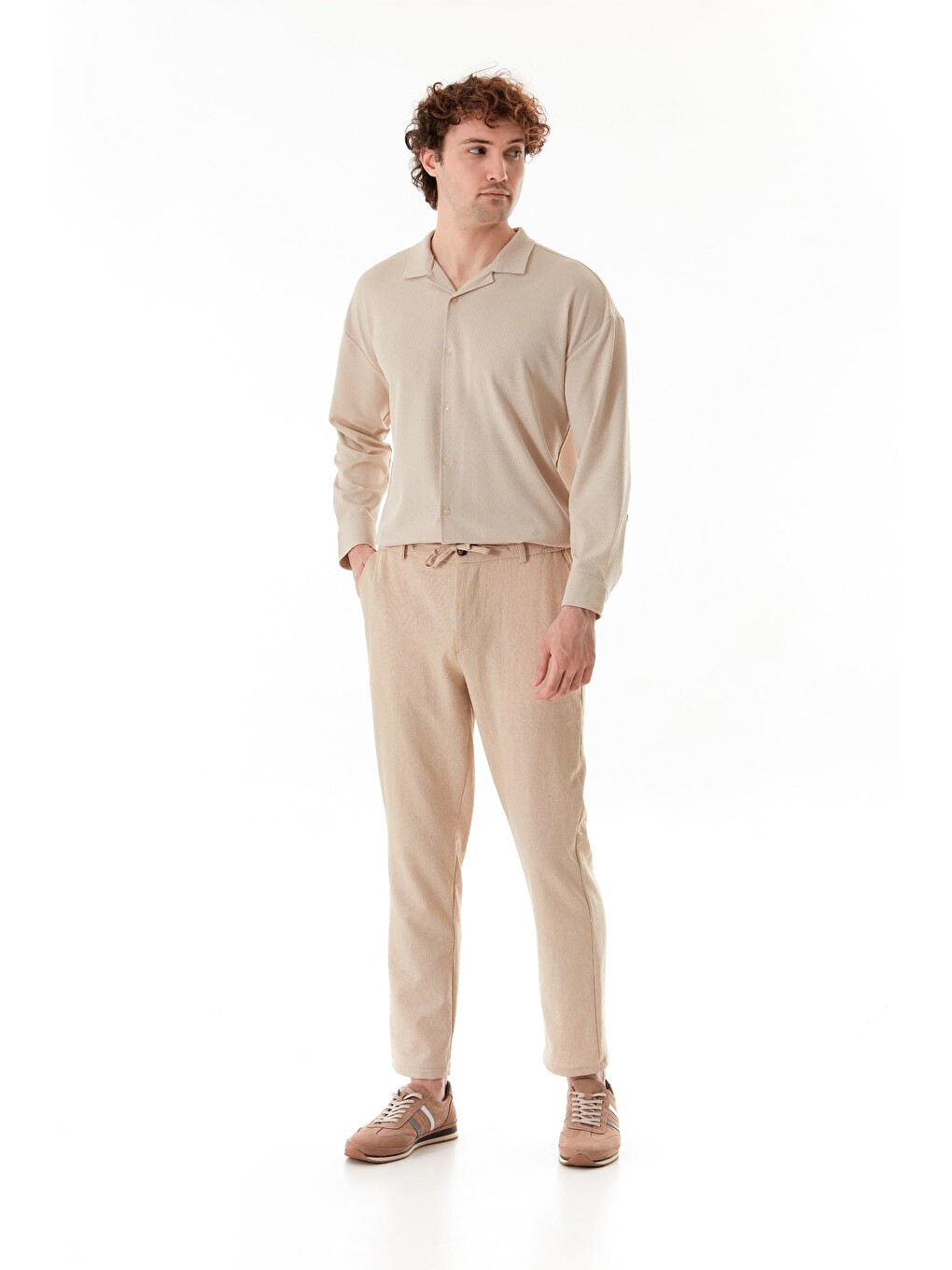 Bej Beli Bağcıklı Jogger Pantolon-1