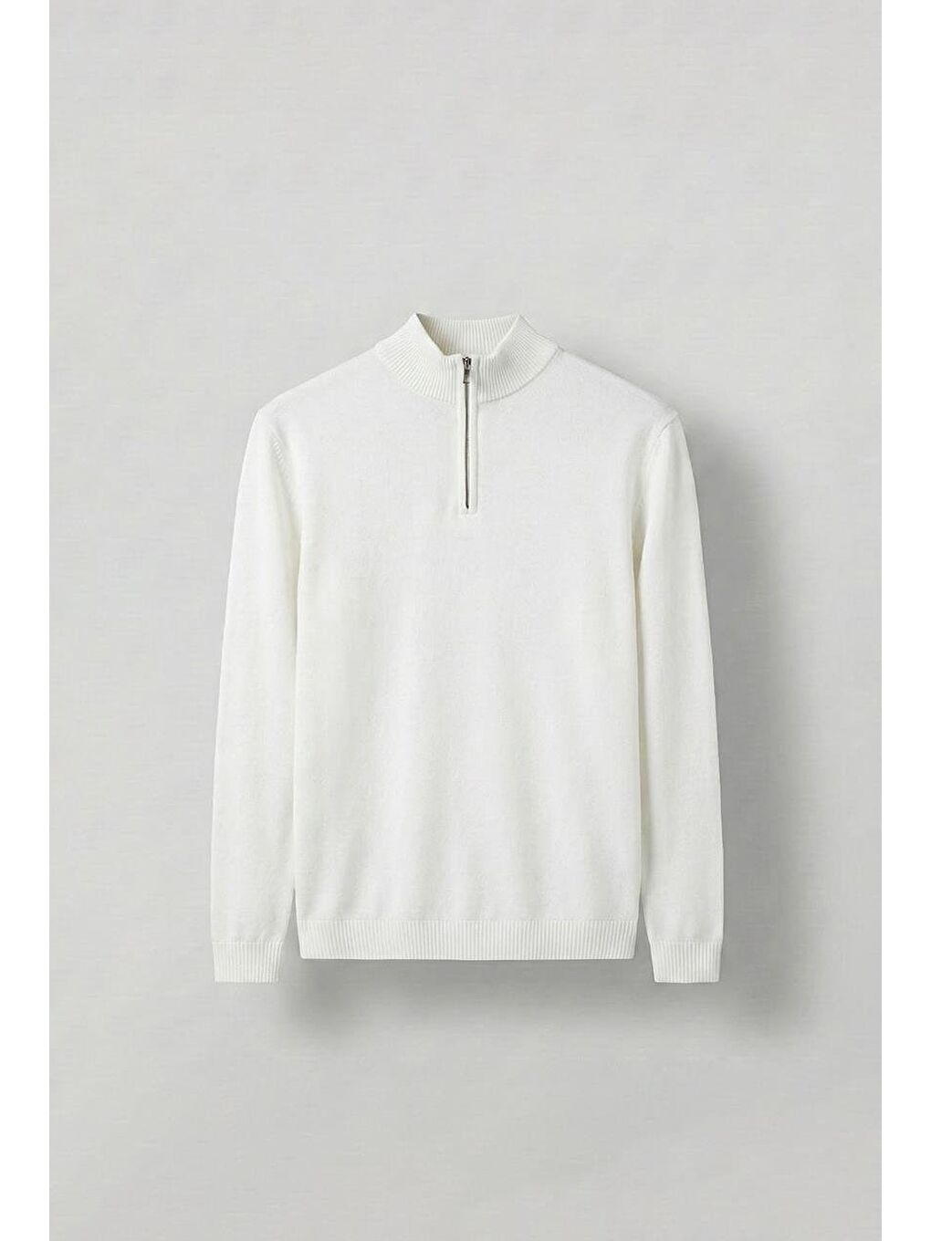 Erkek Yarım Fermuarlı Polo Yaka Kazak Ekru