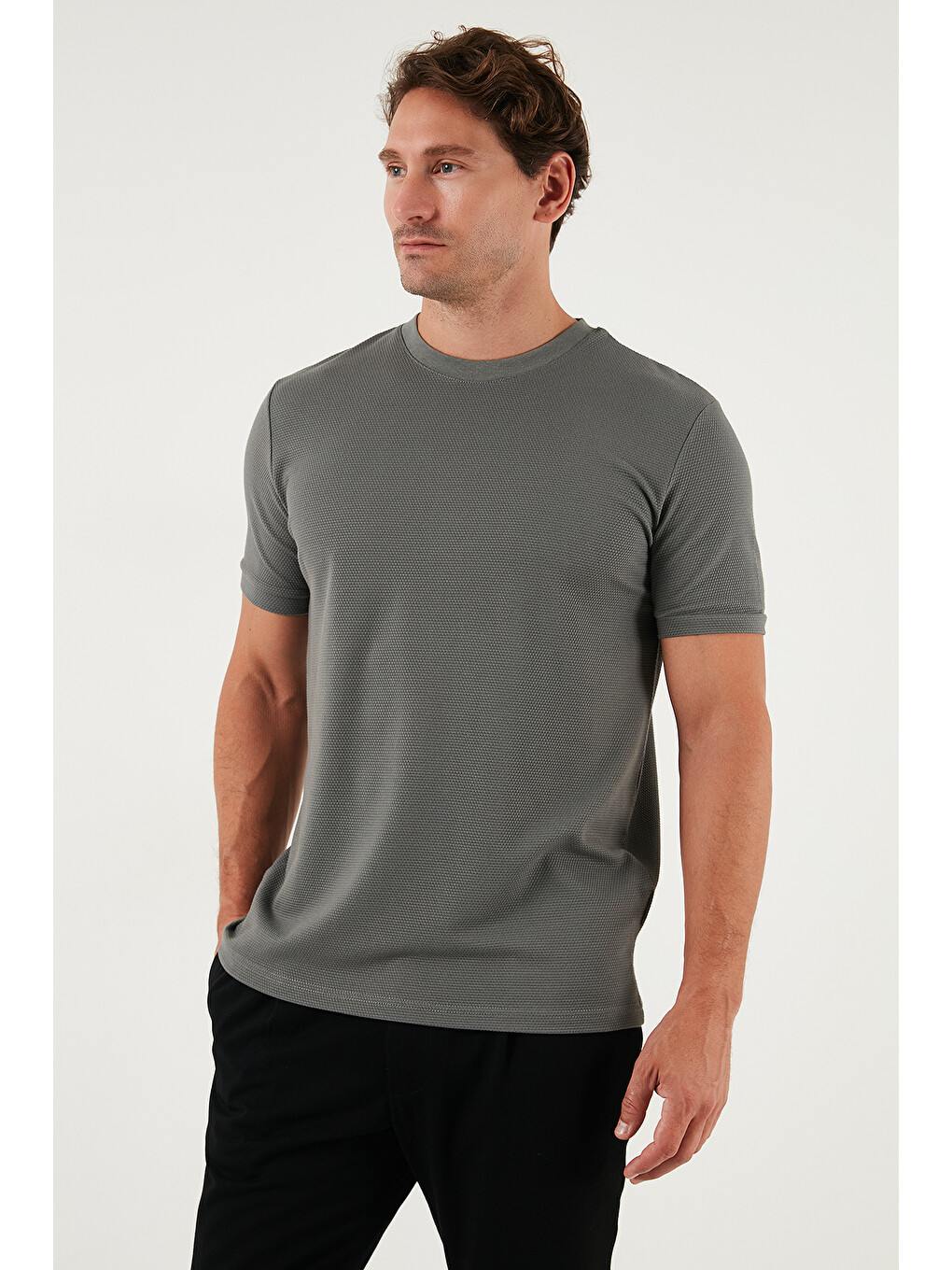 Haki Streç Pamuklu Slim Fit Sıfır Yaka Tişört 5902639-7