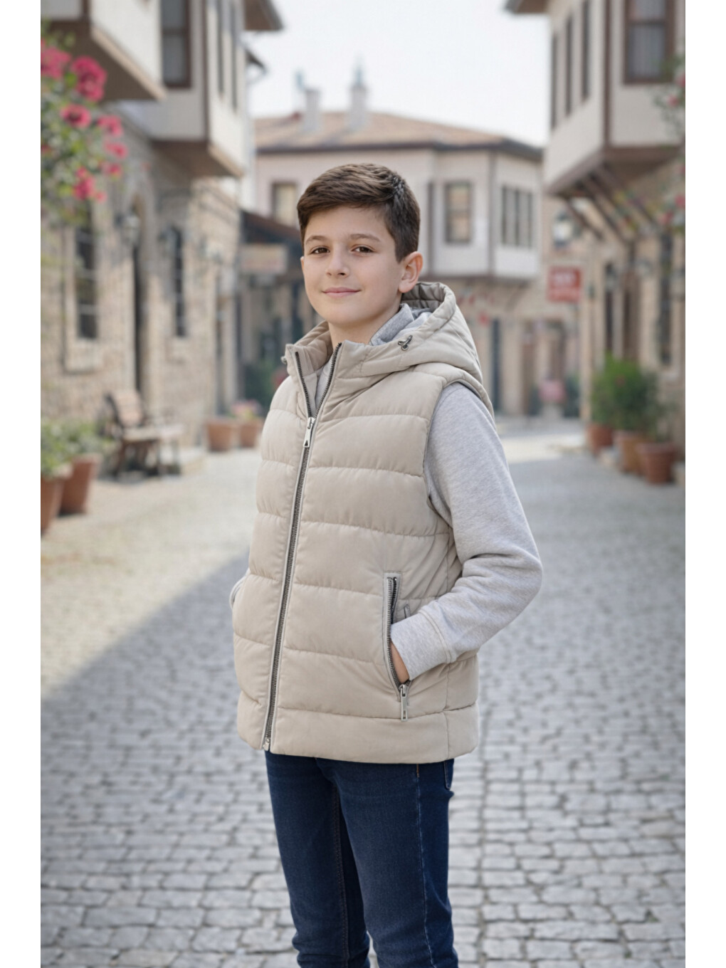 Bej Erkek Çocuk Kapüşonlu Şişme Yelek-1