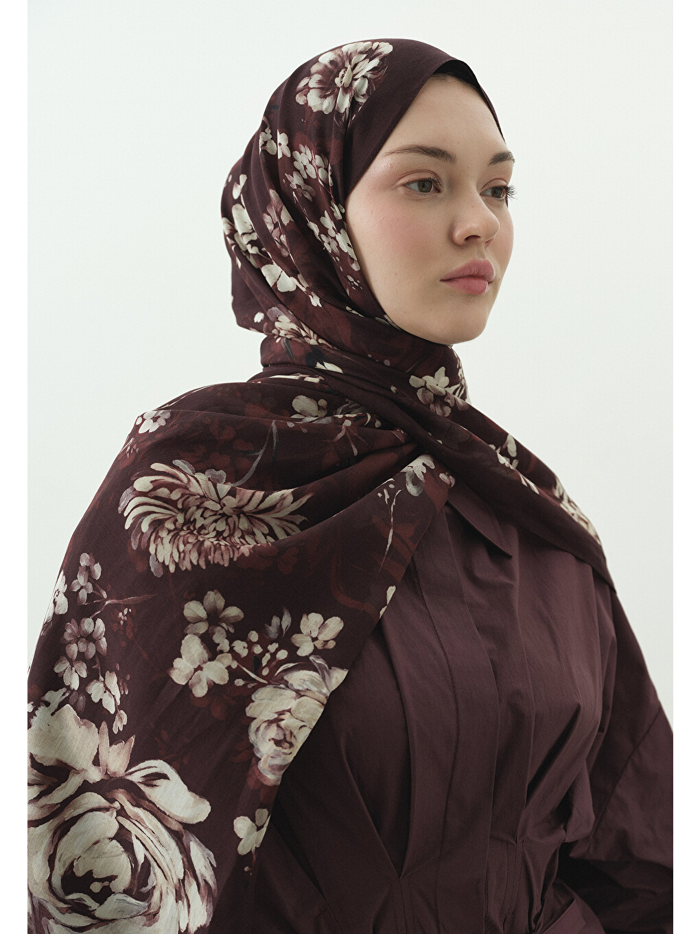 Mıdnıght Rose Desenli Pamuk Viskon Şal Bordo-1