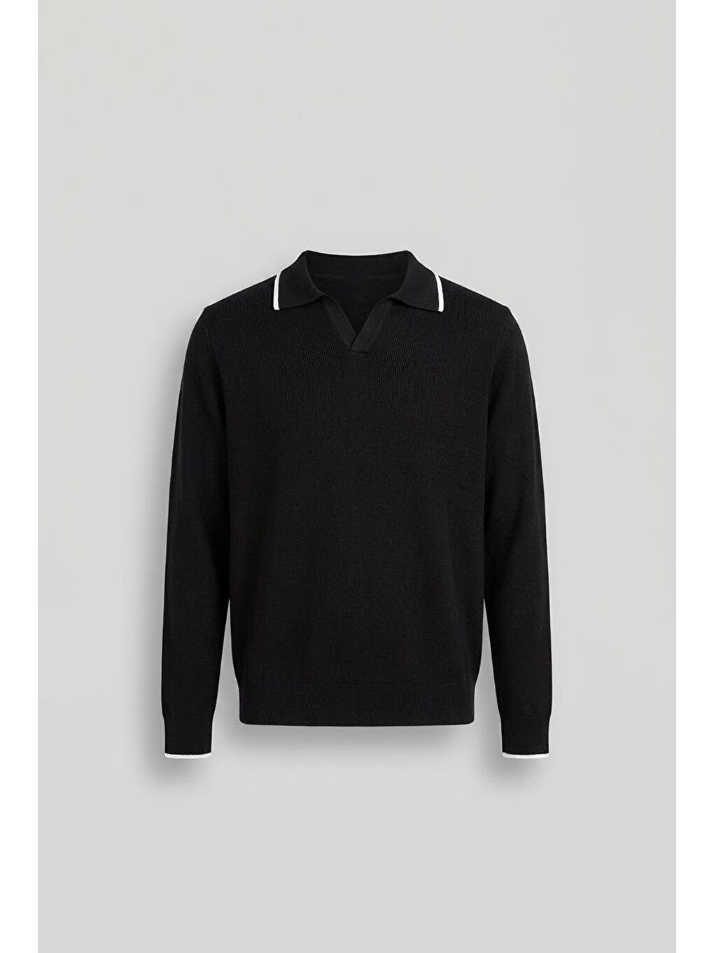 Erkek Polo Yaka İnce Fitilli Kazak Siyah