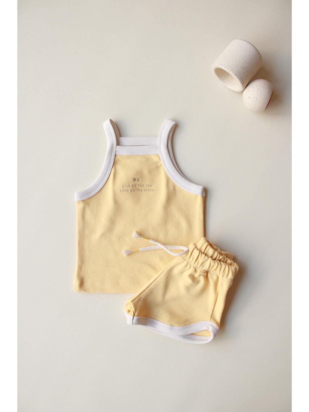 Pastel Sarı Askılı Şortlu Takım-7