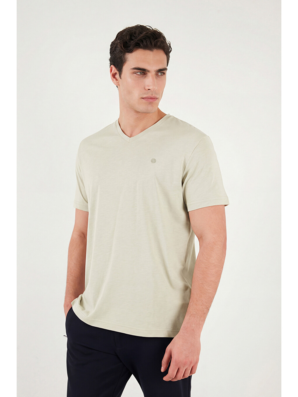 Bej Pamuklu Regular Fit V Yaka Tişört 5902719-3