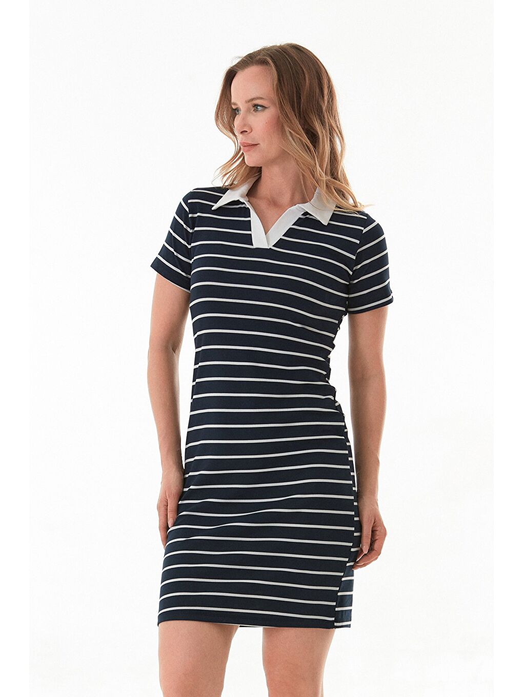 Lacivert Çizgili Polo Yaka Elastanlı Elbise-2