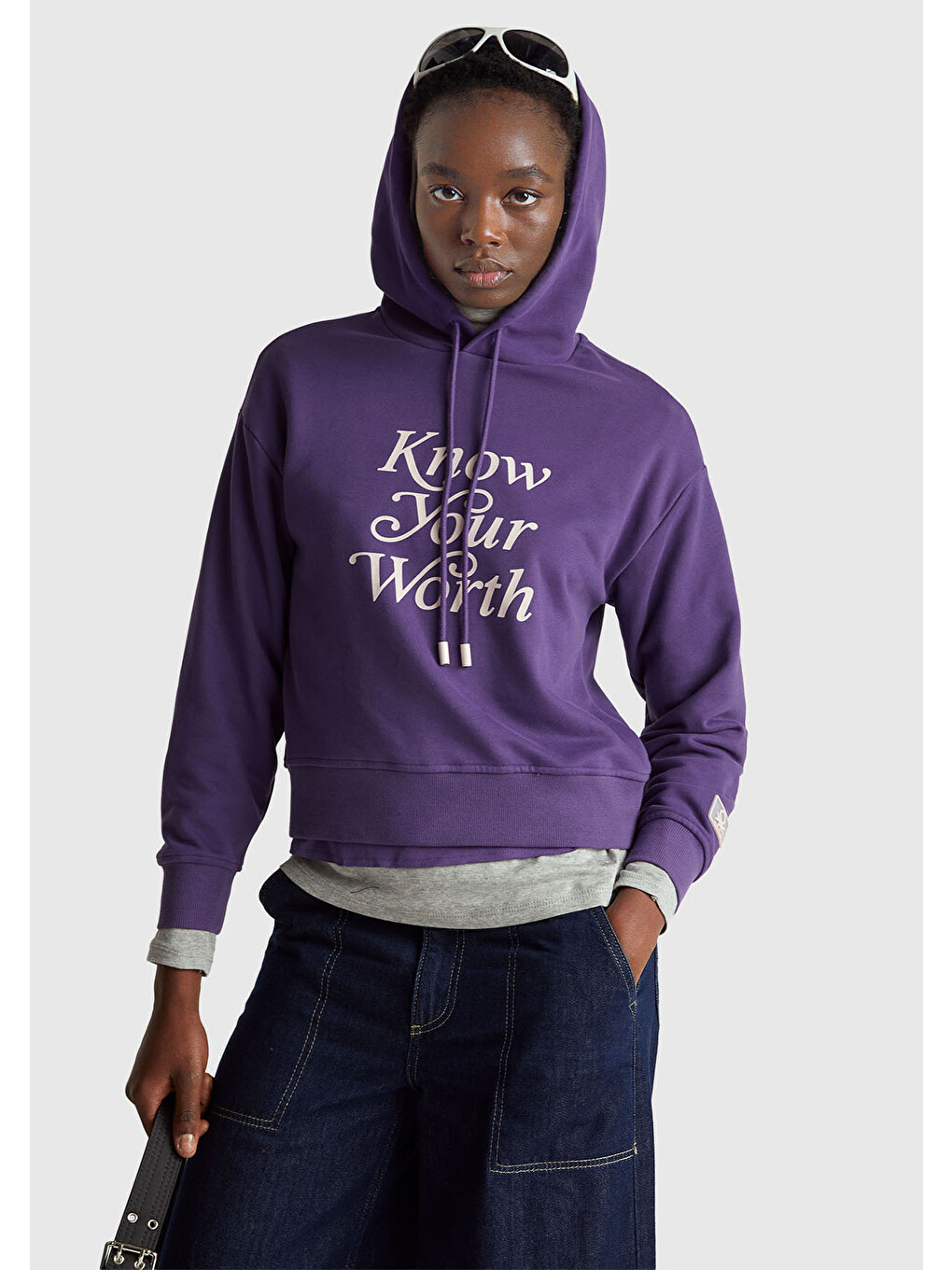 Kadın Mor Pamuk Karışımlı Önü Yazı Baskılı Kapüşonlu Sweatshirt