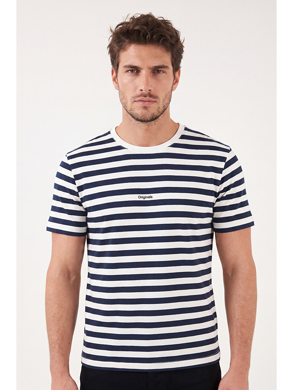 İndigo Çizgili Pamuklu Relaxed Fit Bisiklet Yaka T Shirt 5904078-1