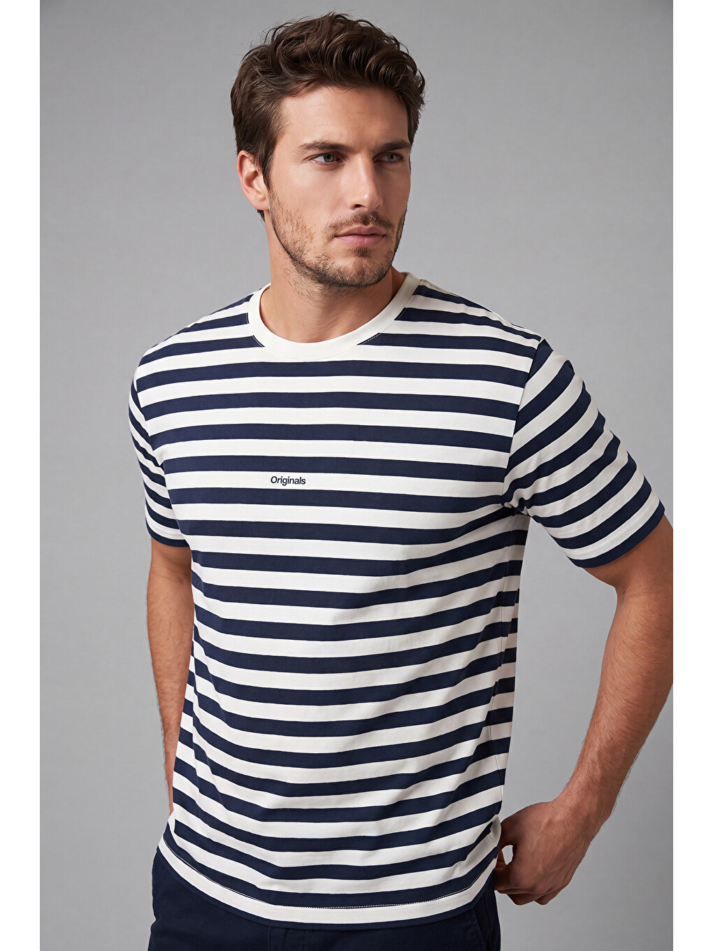 İndigo Çizgili Pamuklu Relaxed Fit Bisiklet Yaka T Shirt 5904078-2