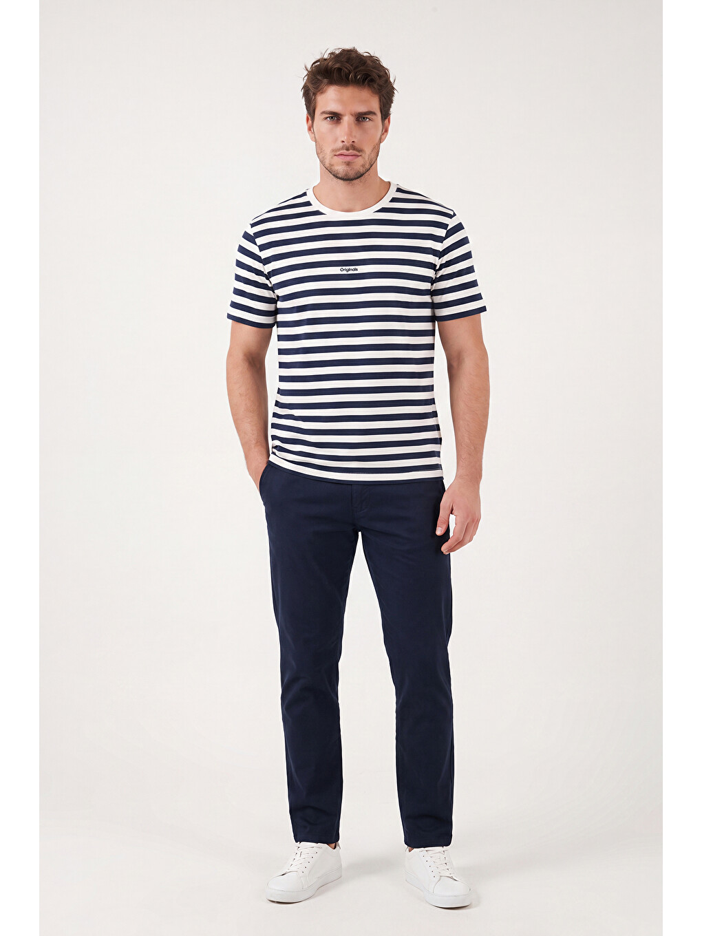 İndigo Çizgili Pamuklu Relaxed Fit Bisiklet Yaka T Shirt 5904078-4