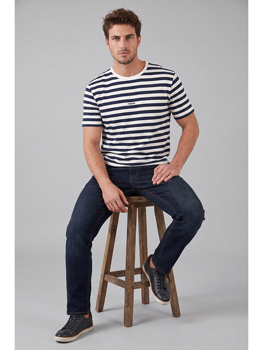 İndigo Çizgili Pamuklu Relaxed Fit Bisiklet Yaka T Shirt 5904078-5