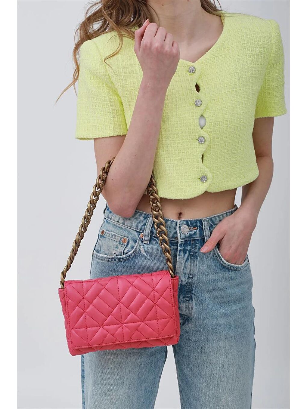 Fuşya Kadın Zincirli Kapitone Omuz Çantası-1