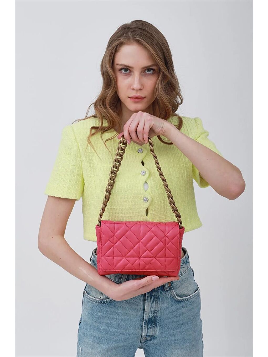 Fuşya Kadın Zincirli Kapitone Omuz Çantası-2