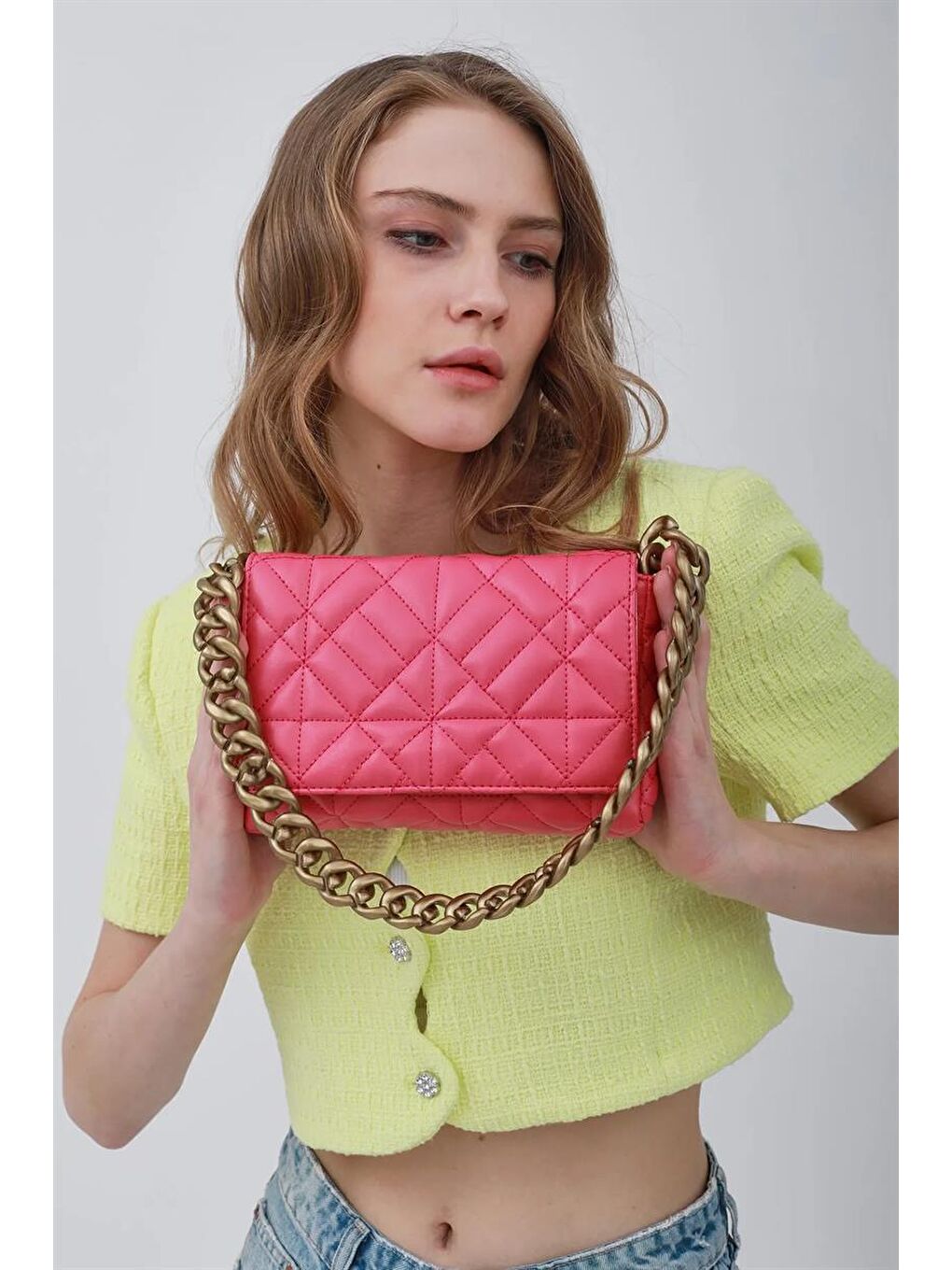 Fuşya Kadın Zincirli Kapitone Omuz Çantası-3