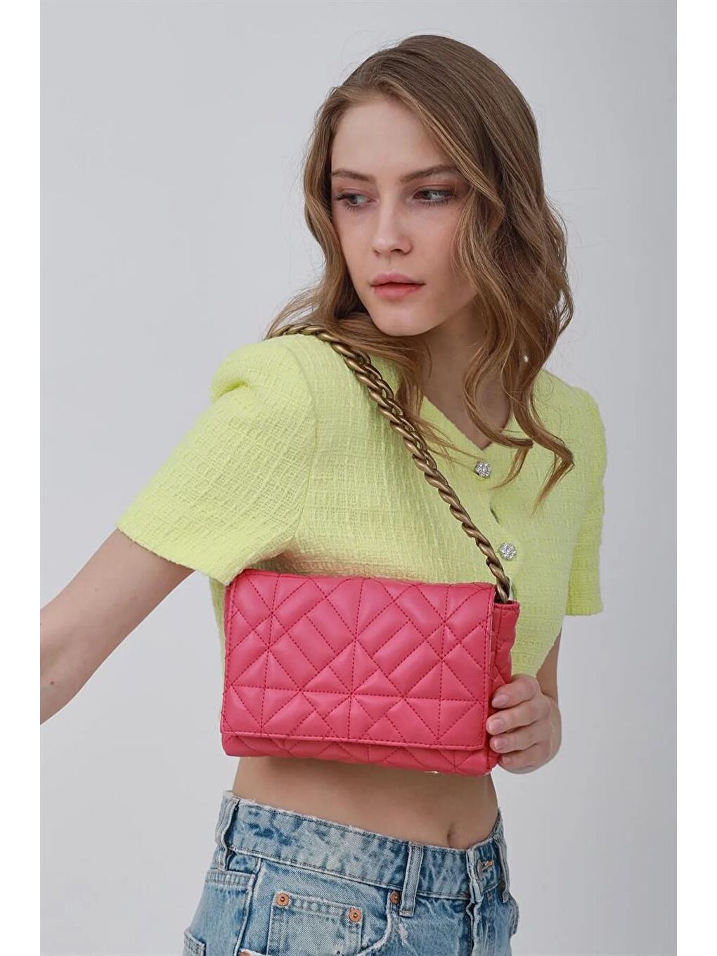 Fuşya Kadın Zincirli Kapitone Omuz Çantası-4