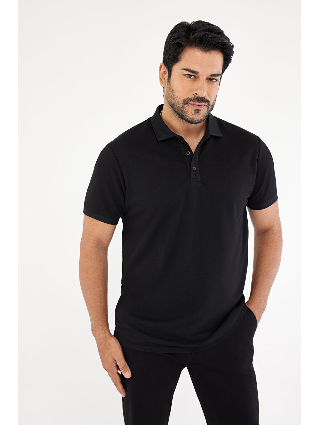 Erkek Siyah-Siyah Slim Fit Dar Kesim Kıvrılmaz Polo Yaka Kısa Kollu Tişört