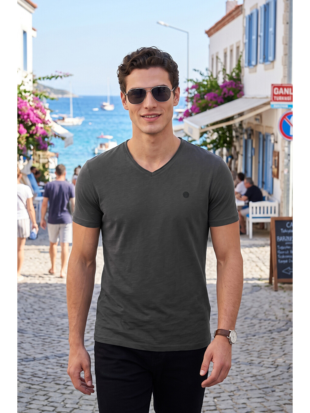 Antrasit Pamuklu Regular Fit V Yaka T Shirt 5902719