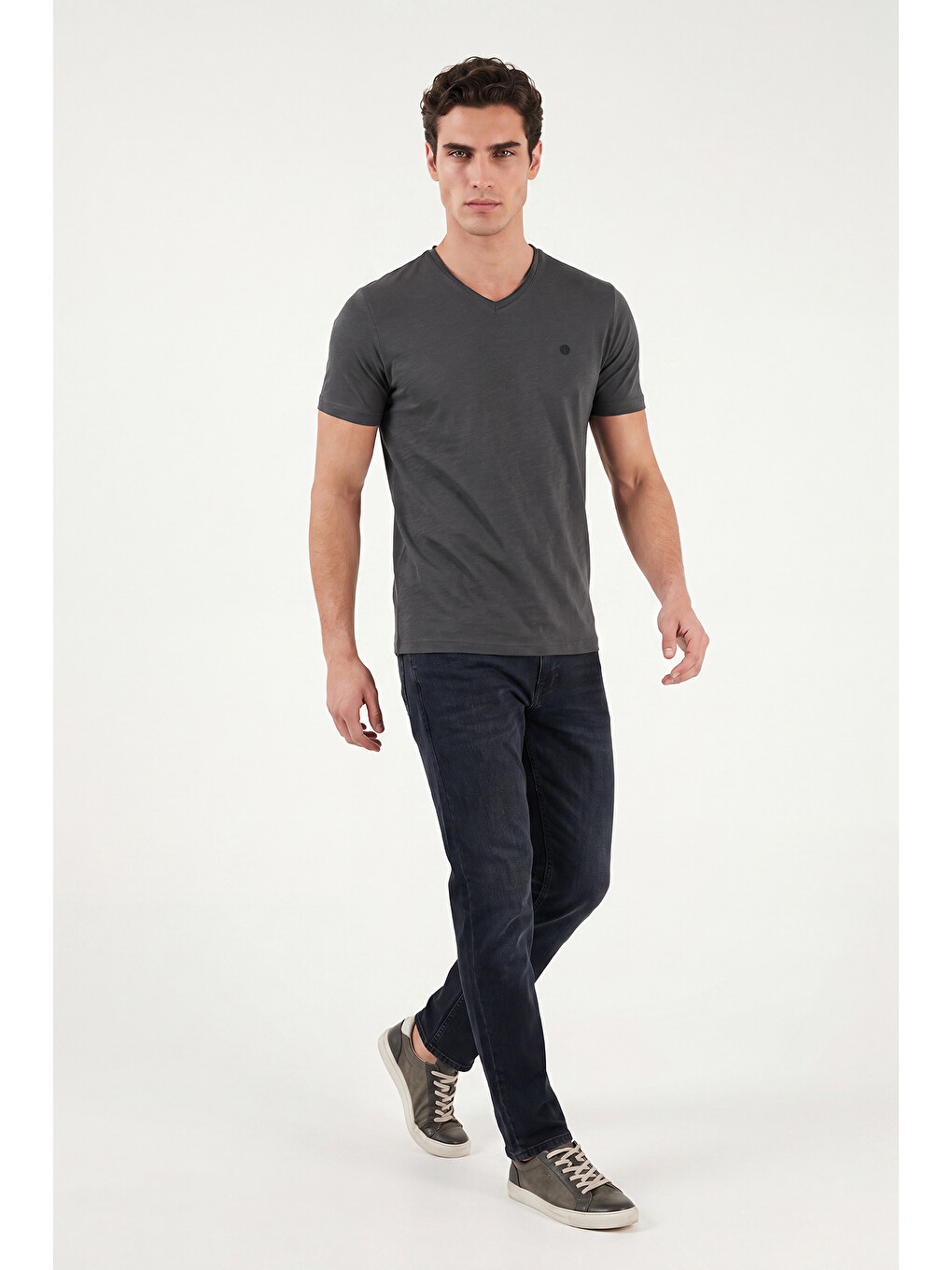 Antrasit Pamuklu Regular Fit V Yaka T Shirt 5902719-1
