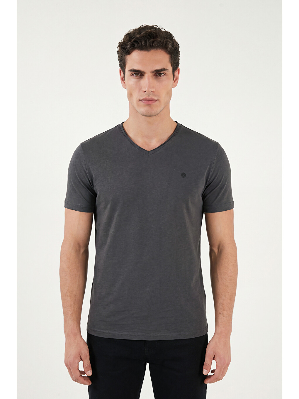 Antrasit Pamuklu Regular Fit V Yaka T Shirt 5902719-3