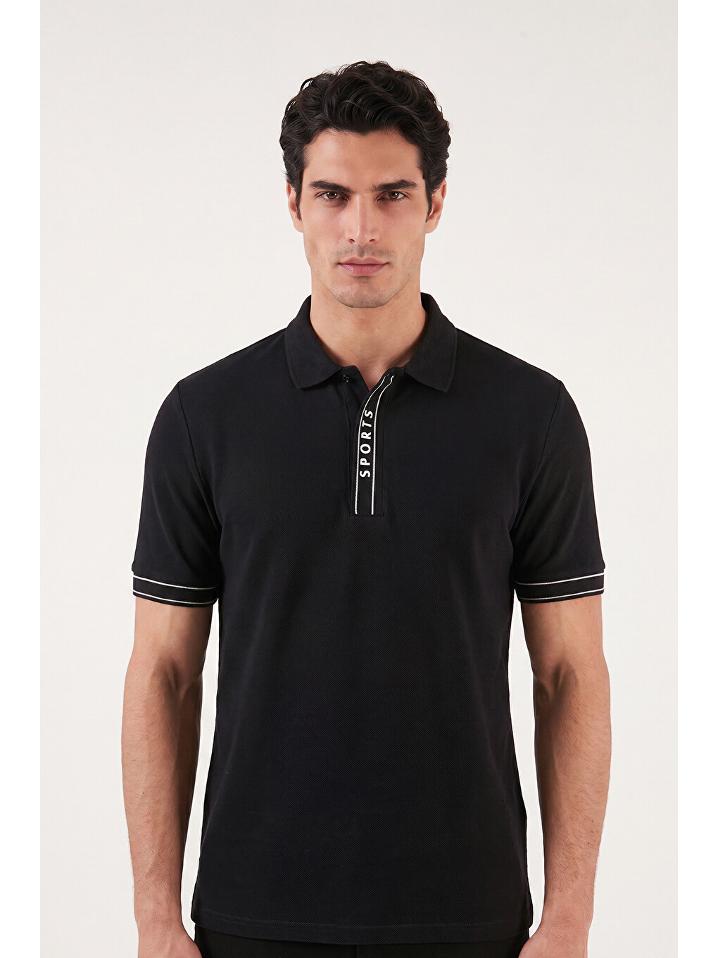 Siyah Pamuklu Regular Fit Yarım Fermuarlı Polo T Shirt 5904073-1