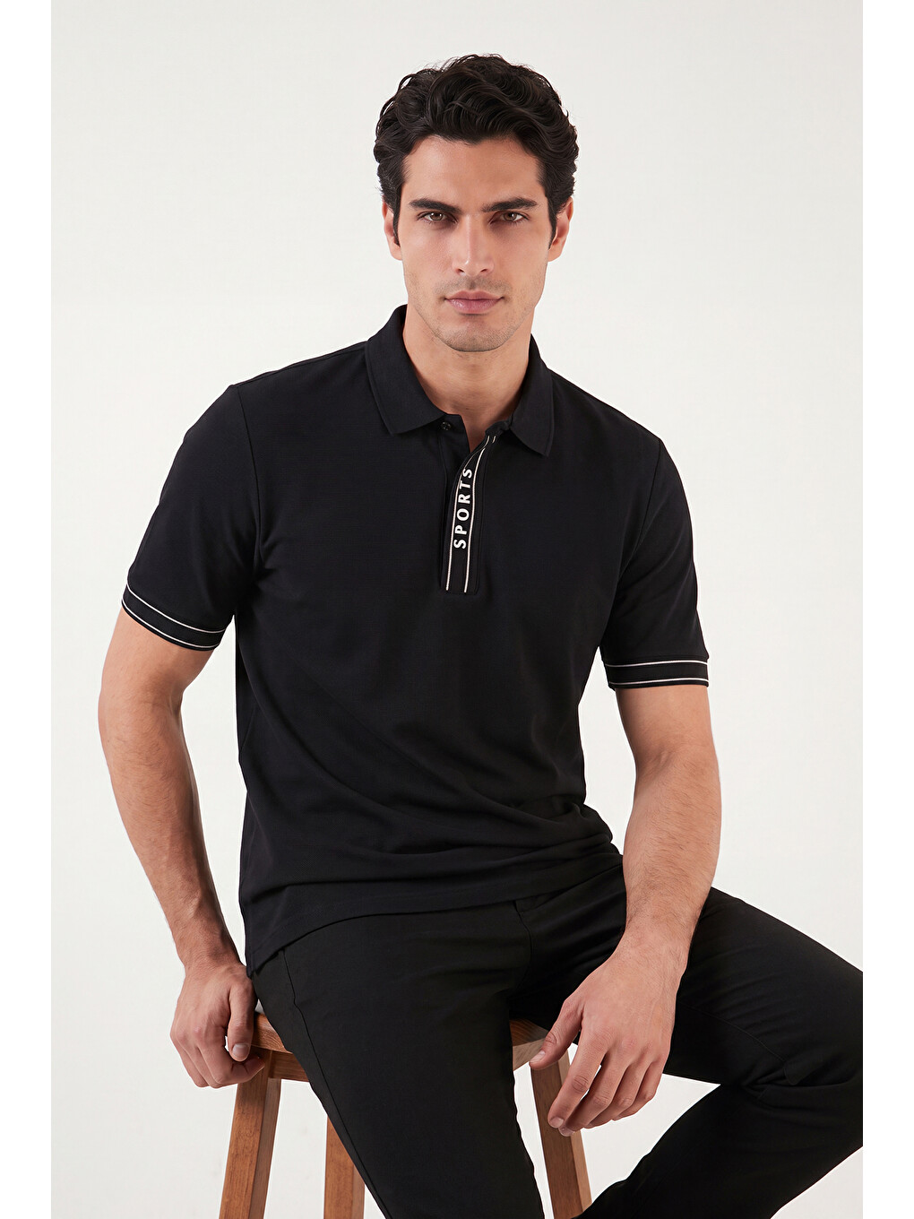 Siyah Pamuklu Regular Fit Yarım Fermuarlı Polo T Shirt 5904073-2