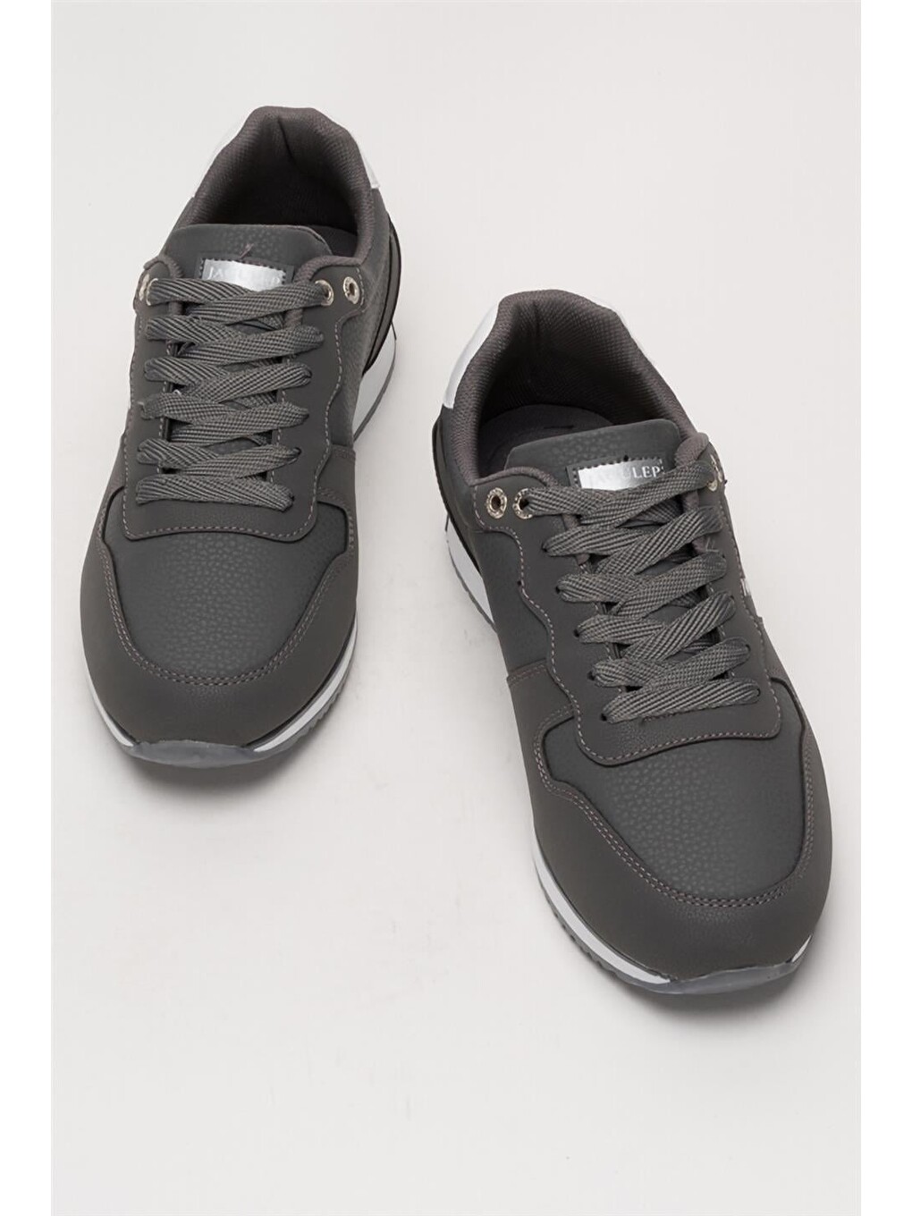 Gri Erkek Günlük Cilt Sneaker Ayakkabı Füme - Beyaz-5