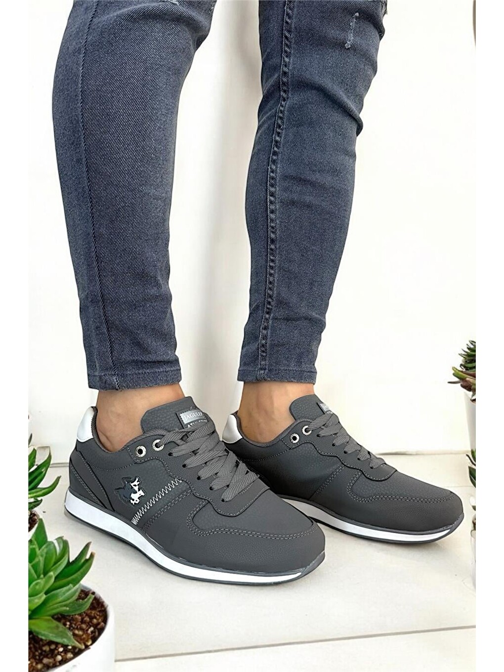 Gri Erkek Günlük Cilt Sneaker Ayakkabı Füme - Beyaz-7