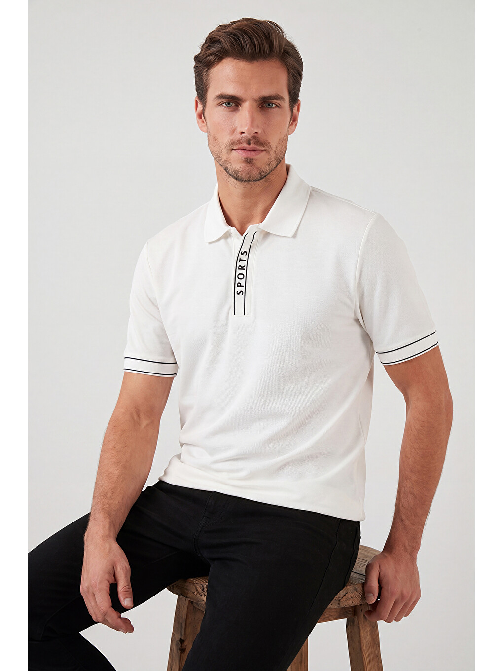 Beyaz Pamuklu Regular Fit Yarım Fermuarlı Polo T Shirt 5904073-2