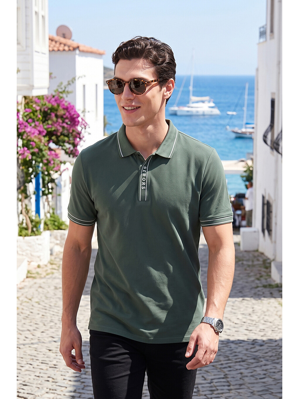 Yeşil Pamuklu Regular Fit Yarım Fermuarlı Polo T Shirt 5904073