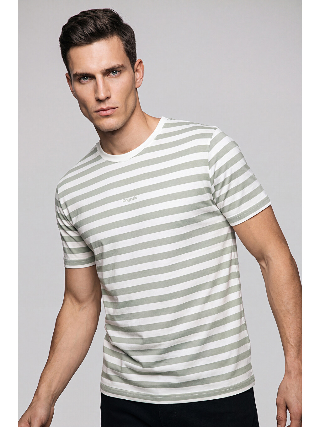 Yeşil Çizgili Pamuklu Relaxed Fit Bisiklet Yaka T Shirt 5904078-1