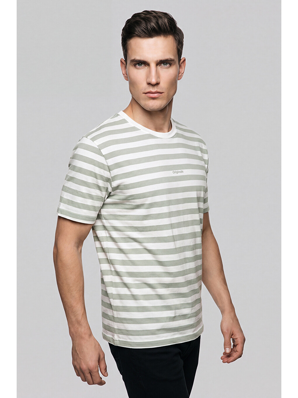 Yeşil Çizgili Pamuklu Relaxed Fit Bisiklet Yaka T Shirt 5904078-2