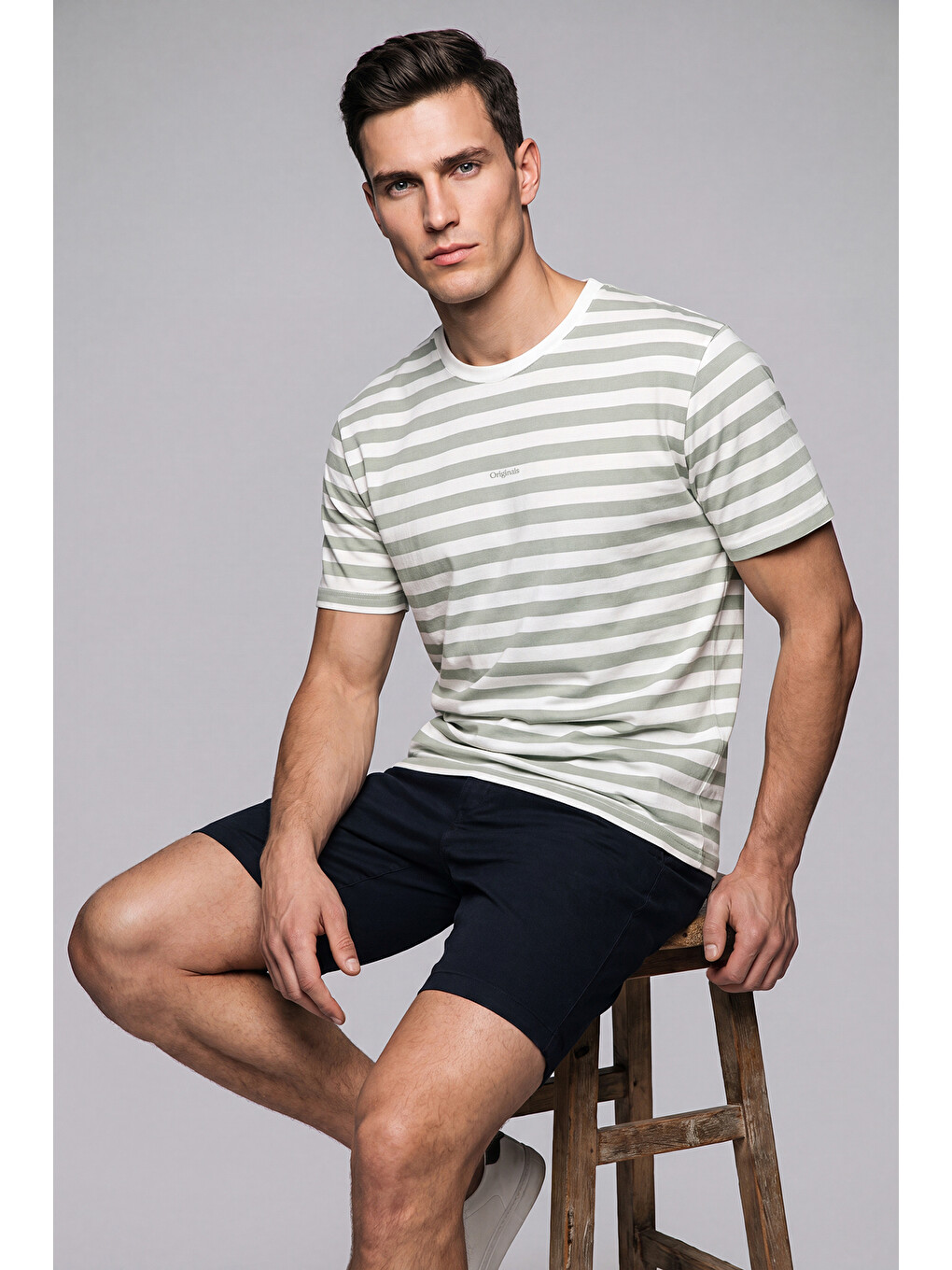 Yeşil Çizgili Pamuklu Relaxed Fit Bisiklet Yaka T Shirt 5904078-4