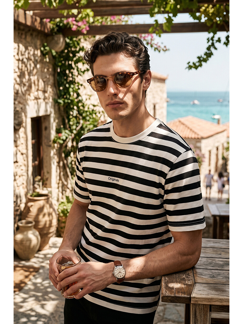 Siyah Çizgili Pamuklu Relaxed Fit Bisiklet Yaka T Shirt 5904078