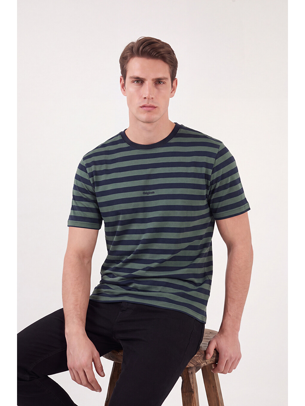 Yeşil Çizgili Pamuklu Relaxed Fit Bisiklet Yaka T Shirt 5904078-2