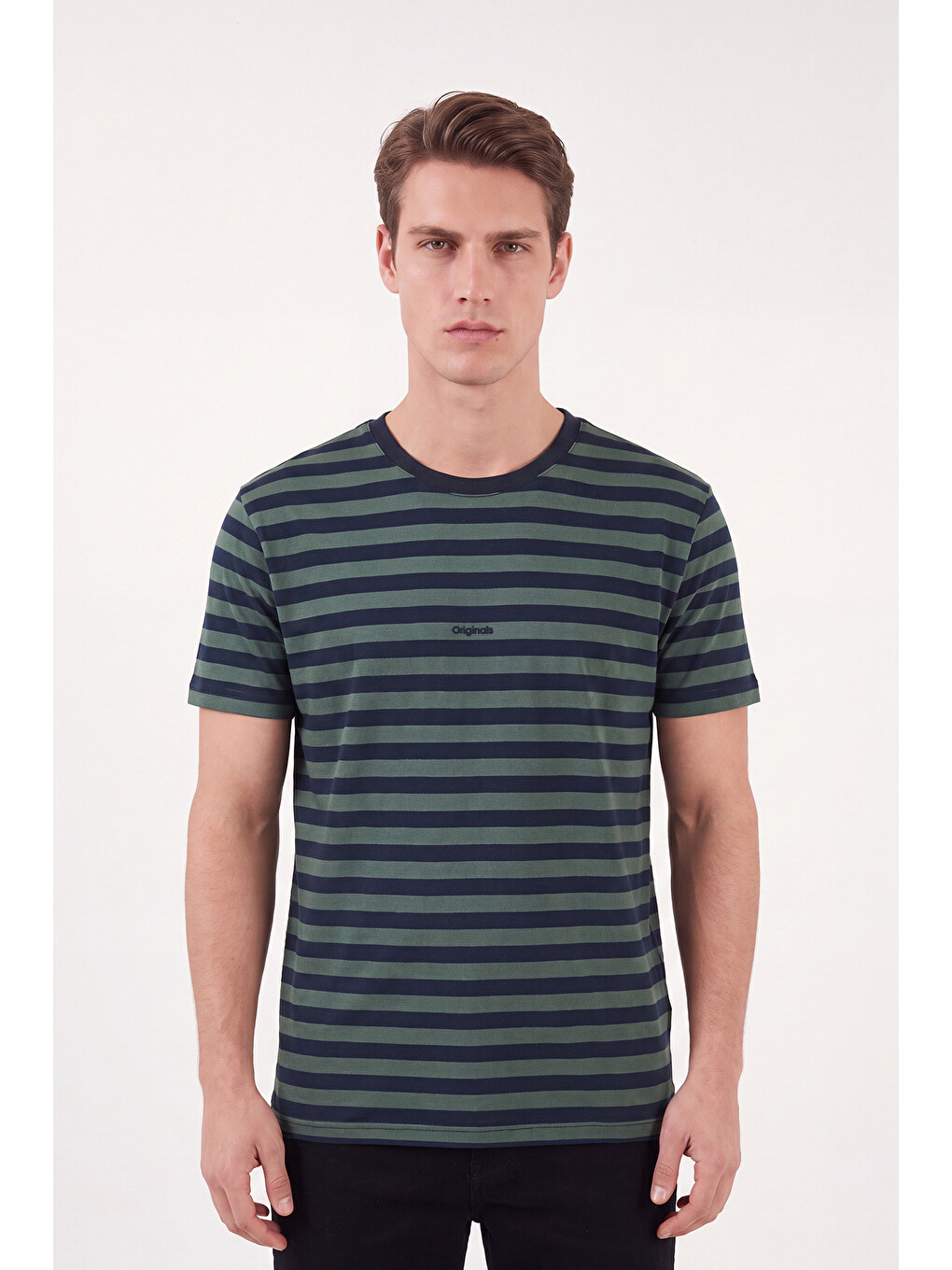 Yeşil Çizgili Pamuklu Relaxed Fit Bisiklet Yaka T Shirt 5904078-4