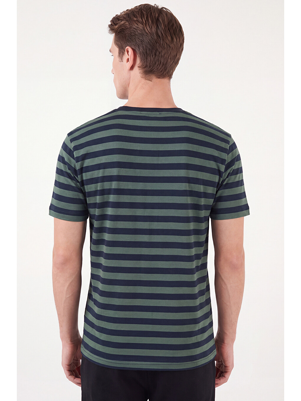 Yeşil Çizgili Pamuklu Relaxed Fit Bisiklet Yaka T Shirt 5904078-5