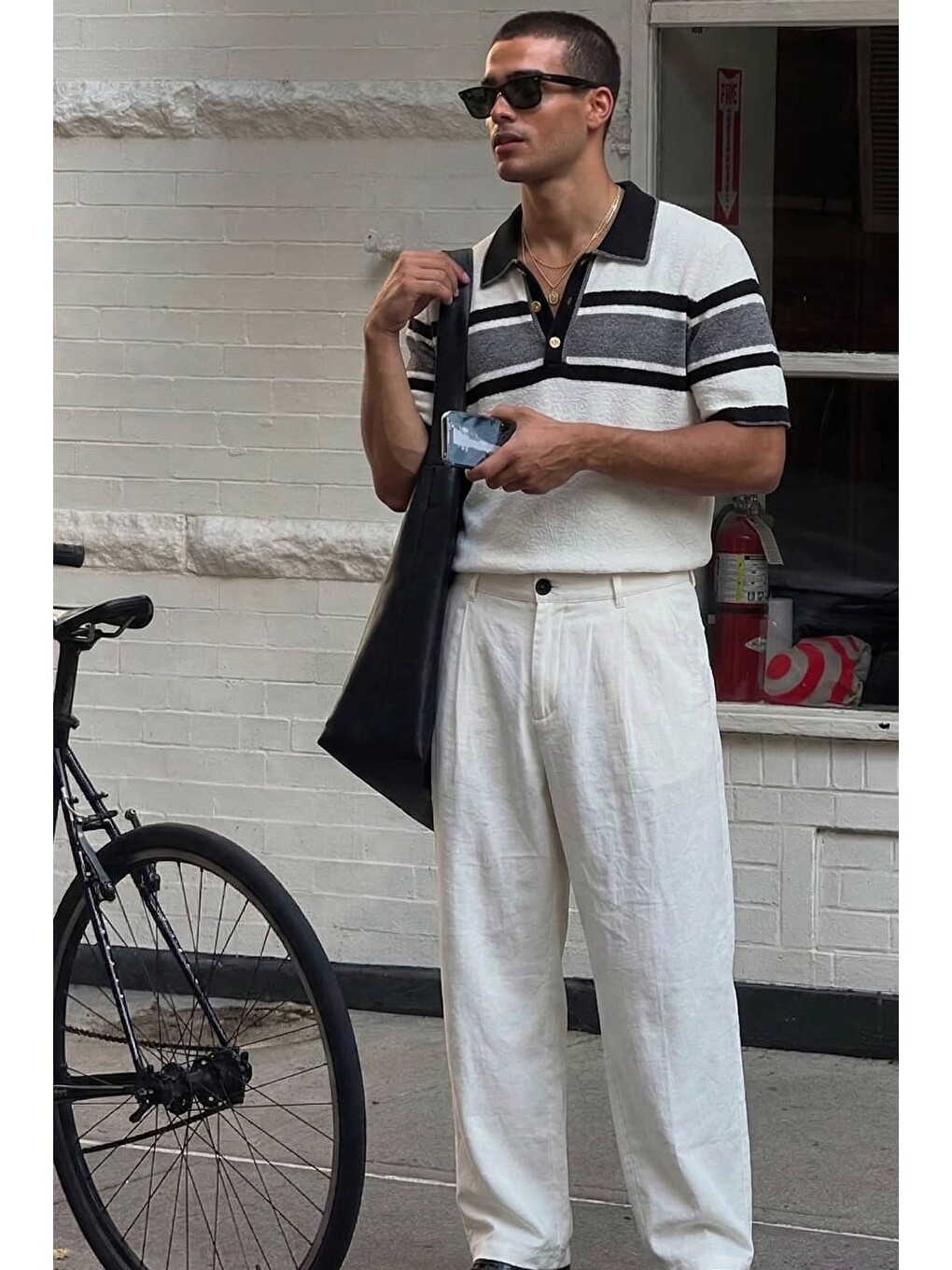 Erkek Beli Lastikli Desenli Baggy Pantolon Beyaz-2