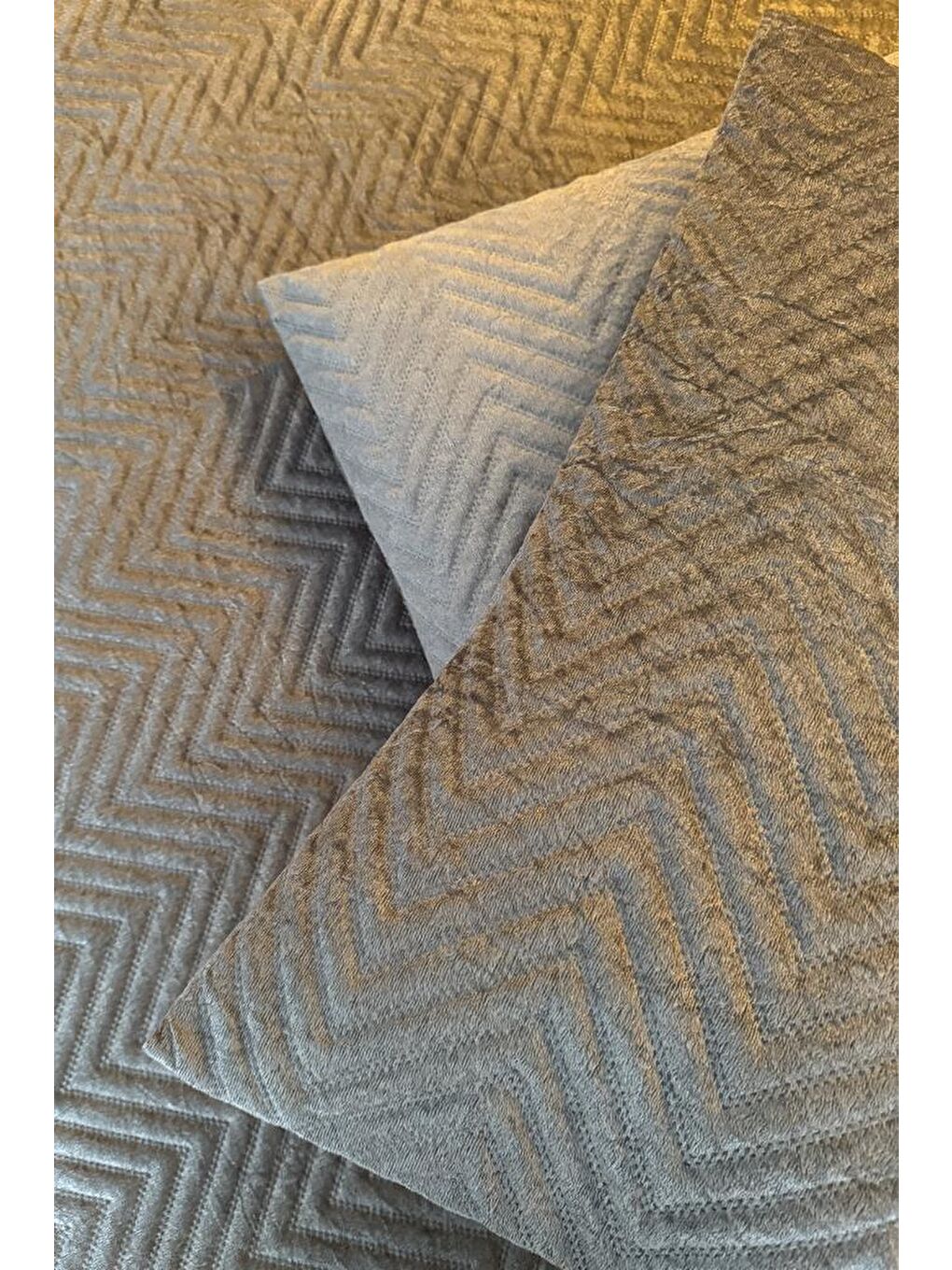 Karışık Velica Çift Kişilik Kadife Yatak Örtüsü Antrasit-5