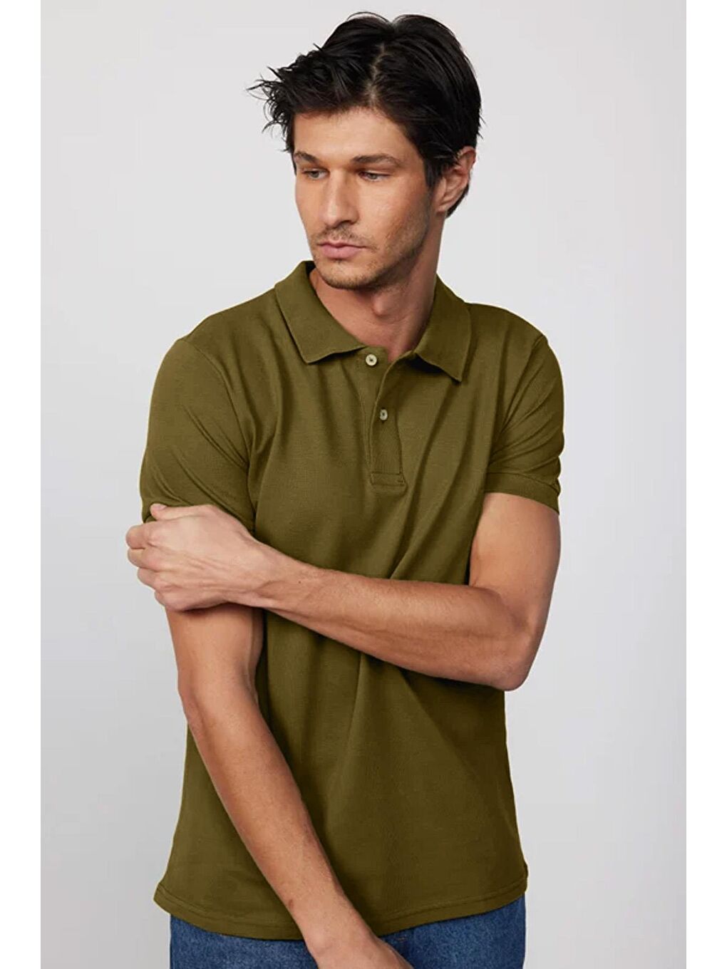 Erkek Slim Fit Dar Kesim %100 Pamuk Düz Pike Haki Polo Yaka Tişört-1