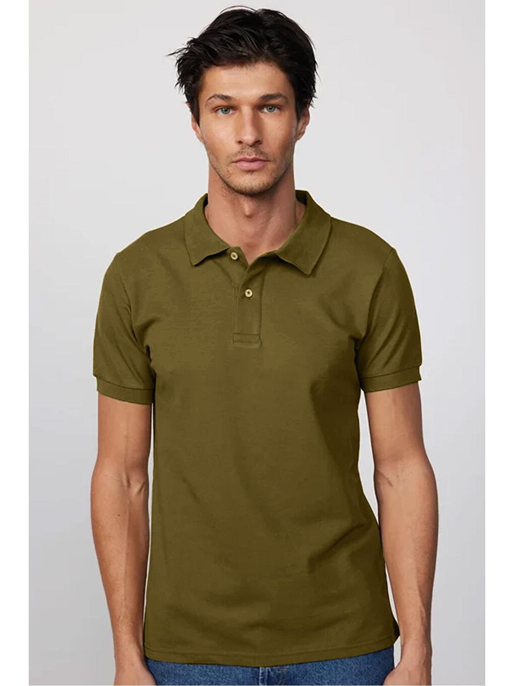 Erkek Slim Fit Dar Kesim %100 Pamuk Düz Pike Haki Polo Yaka Tişört-3