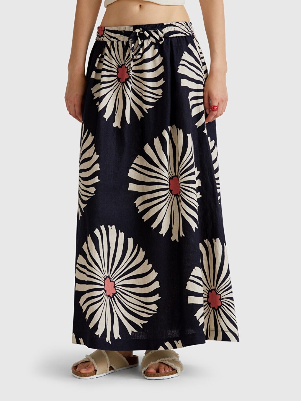 Kadın Lacivert %100 Keten Desenli Beli Lastikli Uzun Elbise