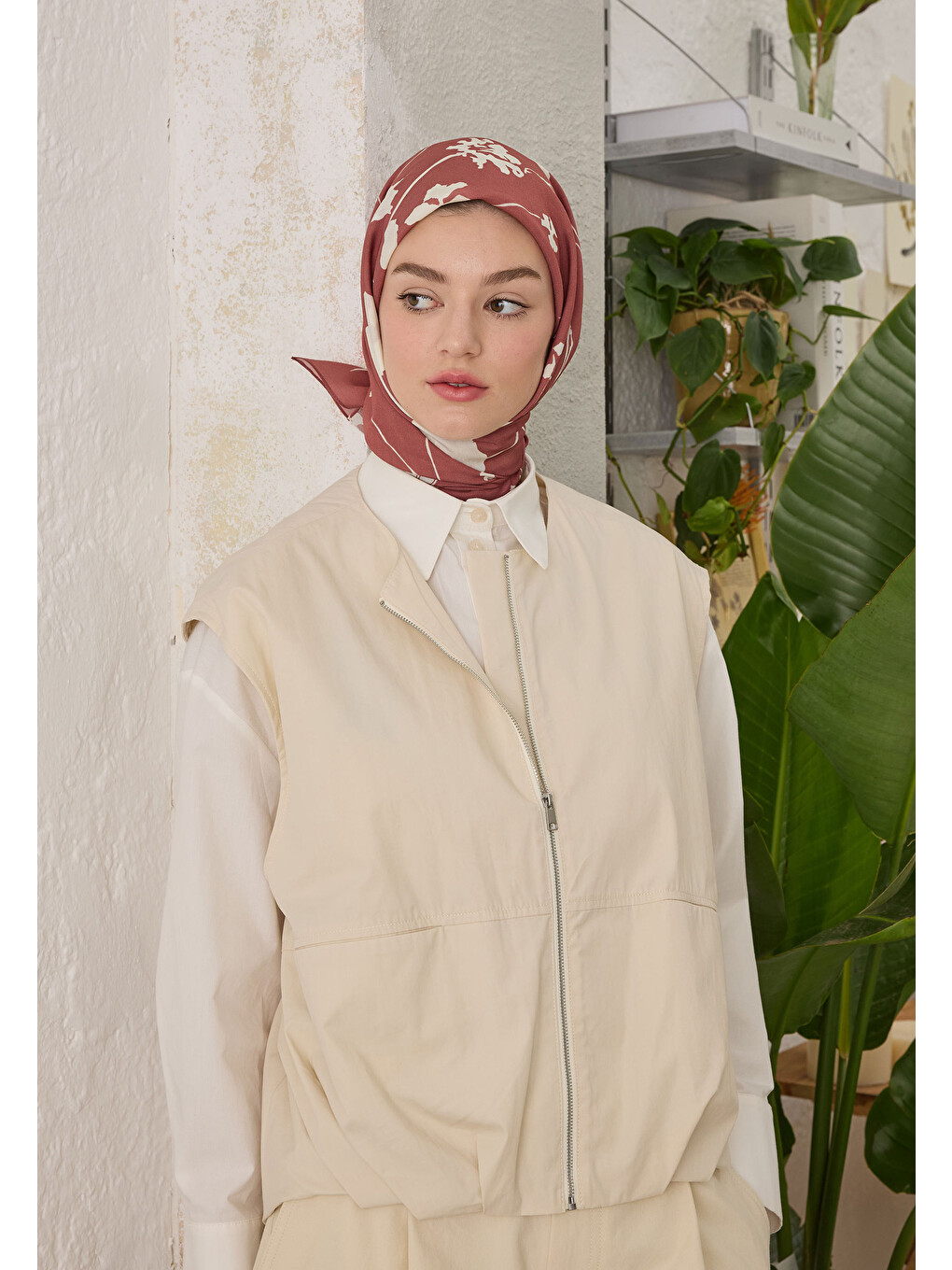 Pembe Perla Desen Pamuk İpek Eşarp Vıntage Rose-3