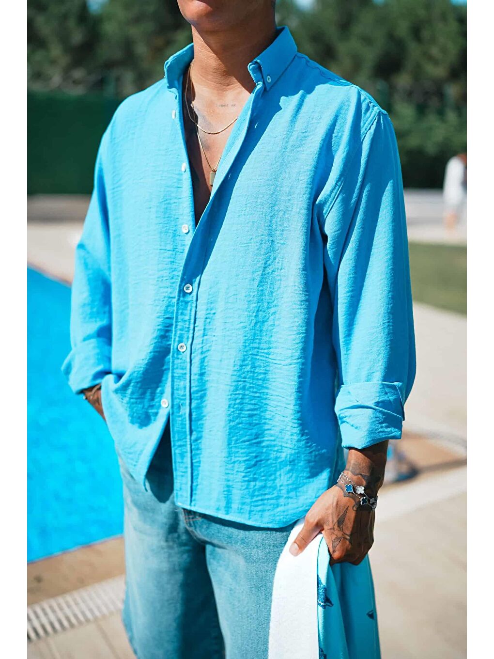 Erkek Oversize Basic Rahat Gömlek Açık Mavi