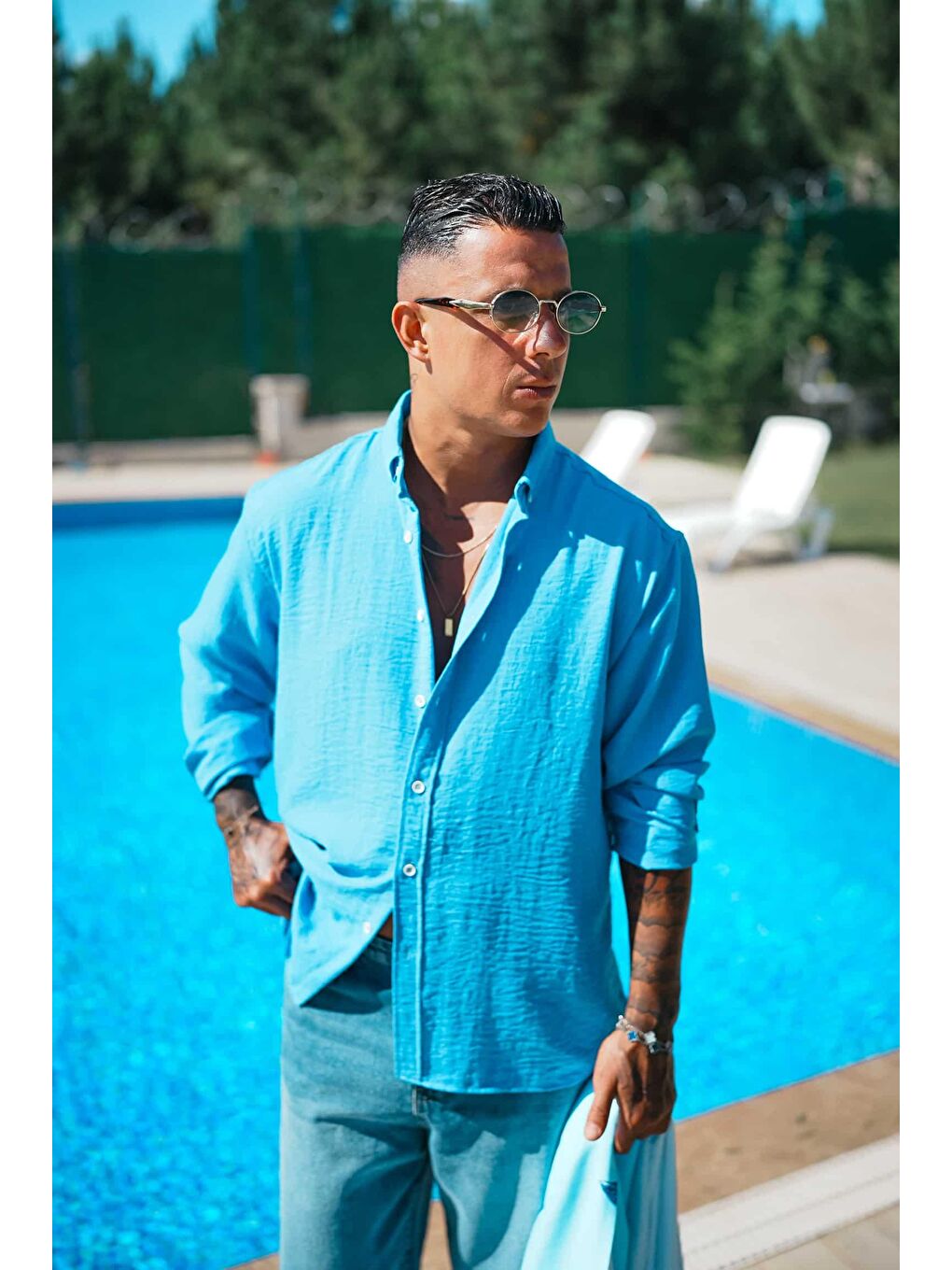 Erkek Oversize Basic Rahat Gömlek Açık Mavi-1