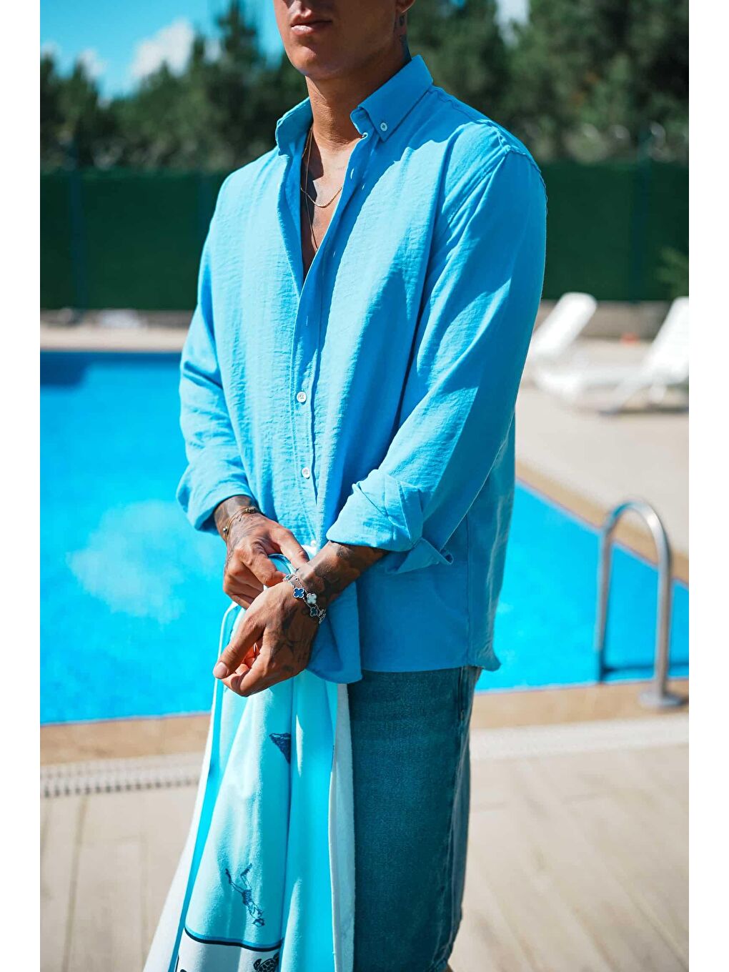 Erkek Oversize Basic Rahat Gömlek Açık Mavi-2