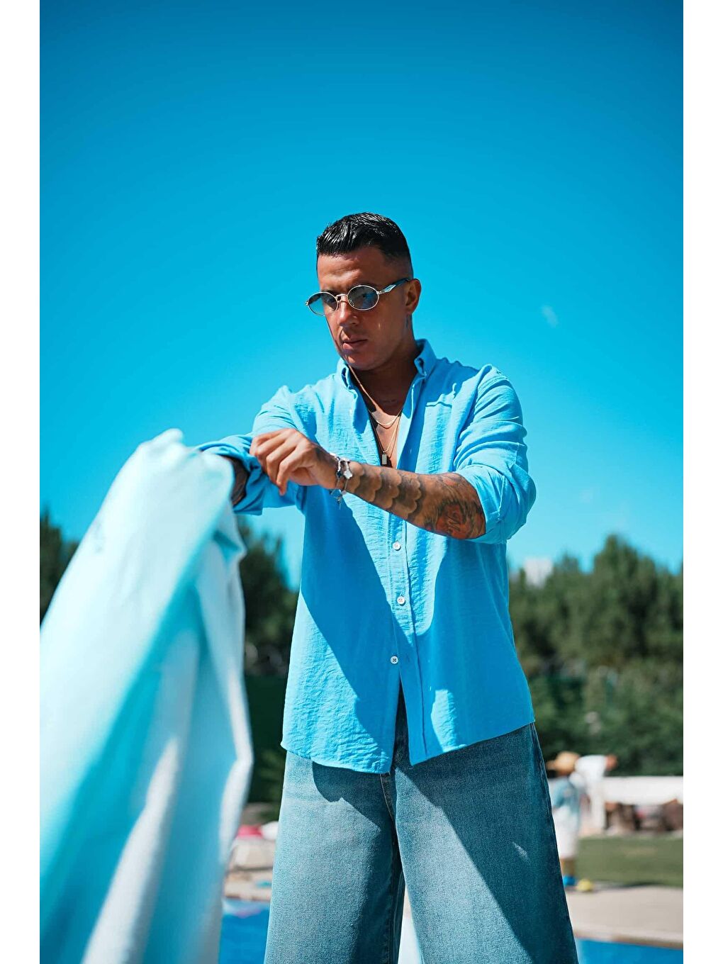 Erkek Oversize Basic Rahat Gömlek Açık Mavi-3