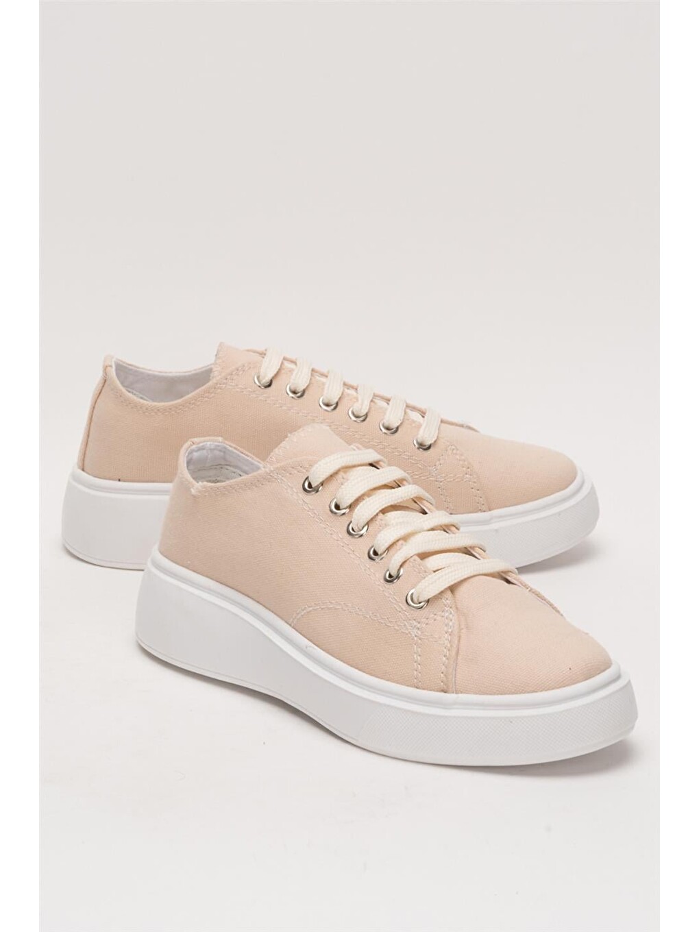 Kadın Rahat Kalıp Kalın Taban Keten Sneakers Bej-3