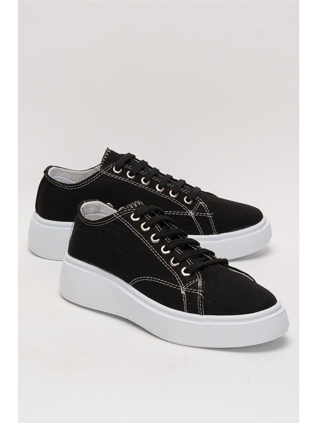 Kadın Rahat Kalıp Kalın Taban Keten Sneakers Siyah-2